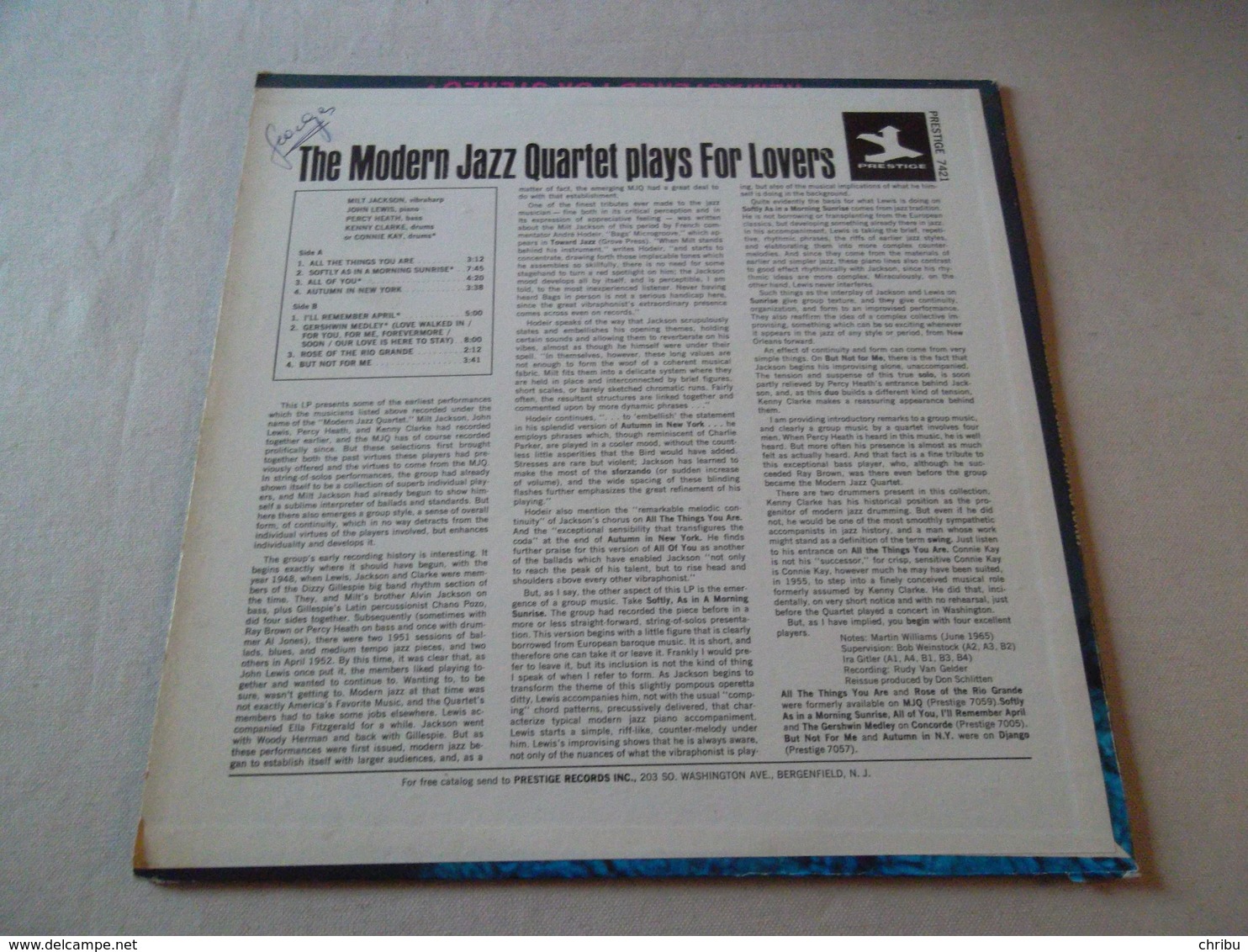 VINYLE 33 T THE MODERN JAZZ QUARTET PLAYS FOR LOVERS PRESTIGE PR 7421 - Jazz