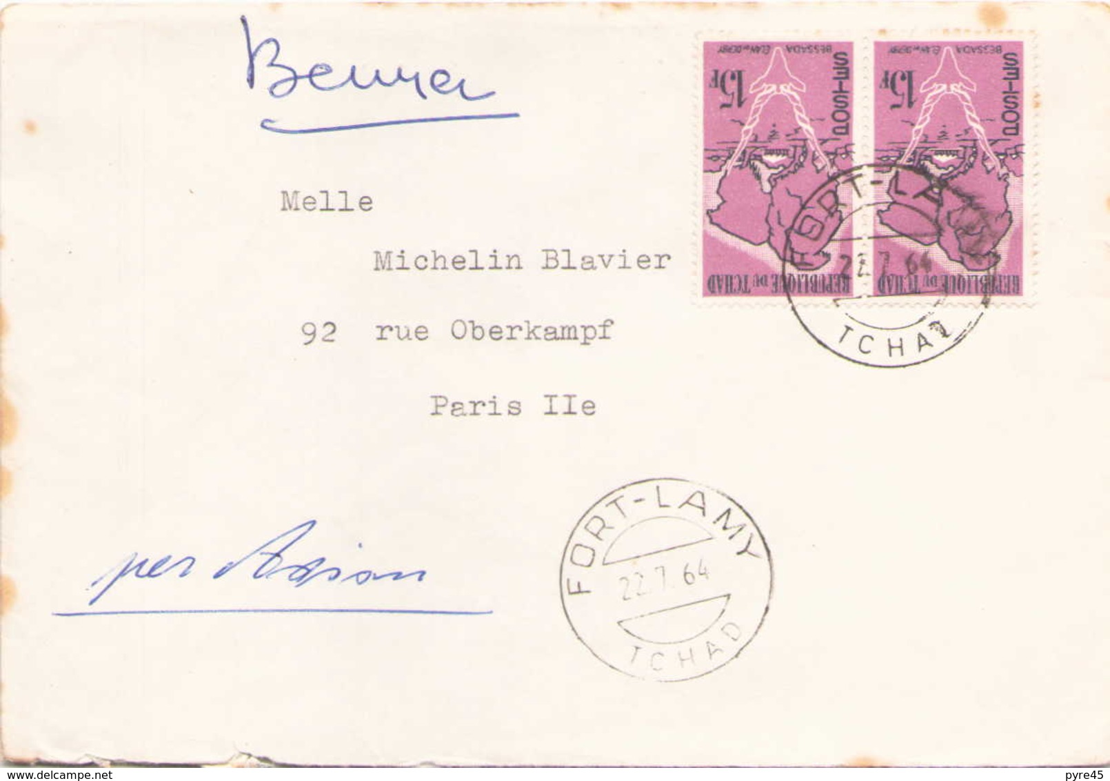 TCHAD ENVELOPPE DU 22 JUILLET 1964 DE FORT LAMY POUR PARIS - Tchad (1960-...)