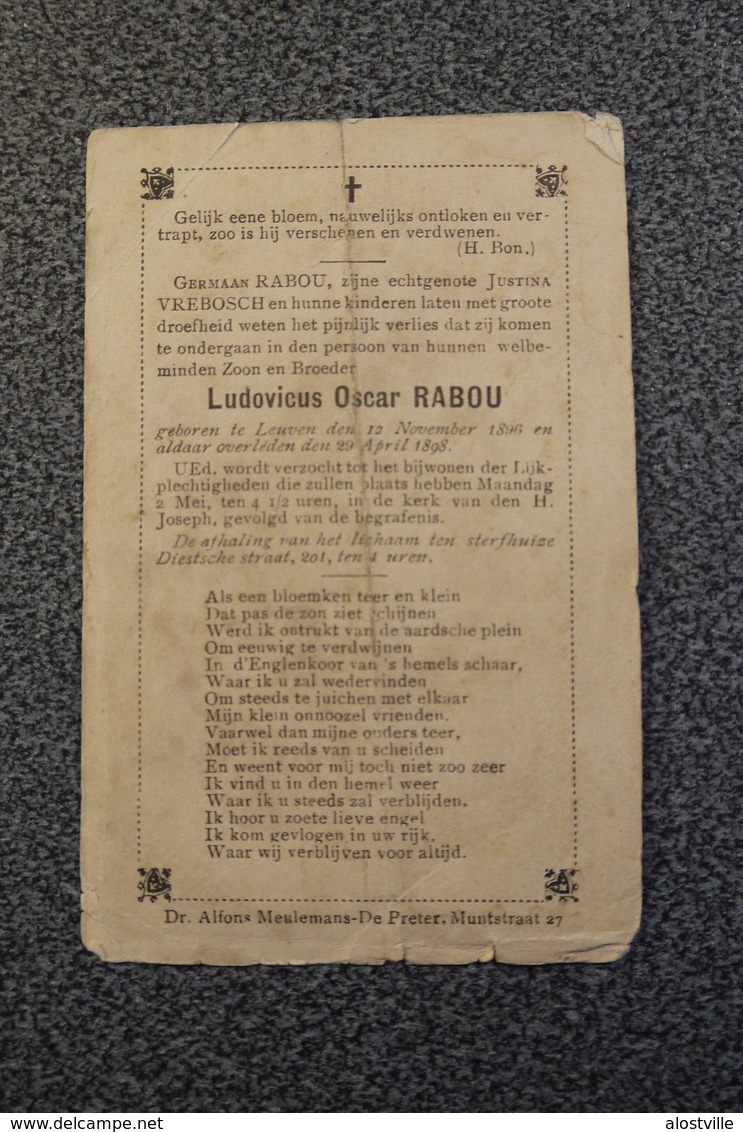 Leuven Doodsprentje Kind Rabou 1898 - Godsdienst & Esoterisme
