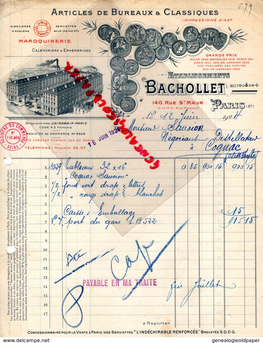 75- PARIS- FACTURE ETS. BACHOLLET-ARTICLES BUREAUX MAROQUINERIE-GIBECIERE ECOLIER- 140 RUE SAINT MAUR-1924 - Artesanos