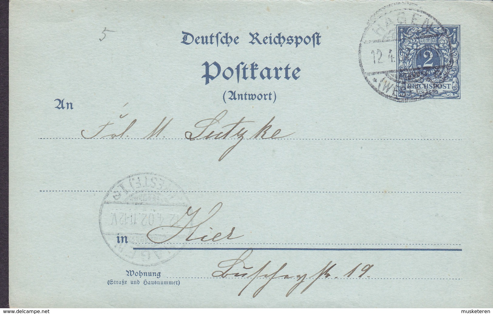 Germany Reichspost Postal Stationery Ganzsache 2 Pf. Antwort Résponse HAGEN (Westf.) 1902 Locally Sent (2 Scans) - Sonstige & Ohne Zuordnung