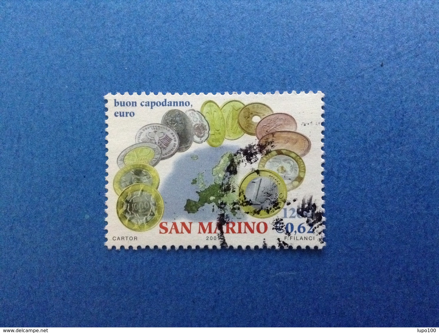 2001 SAN MARINO FRANCOBOLLO USATO STAMP USED - BENVENUTO EURO MONETE - - Oblitérés