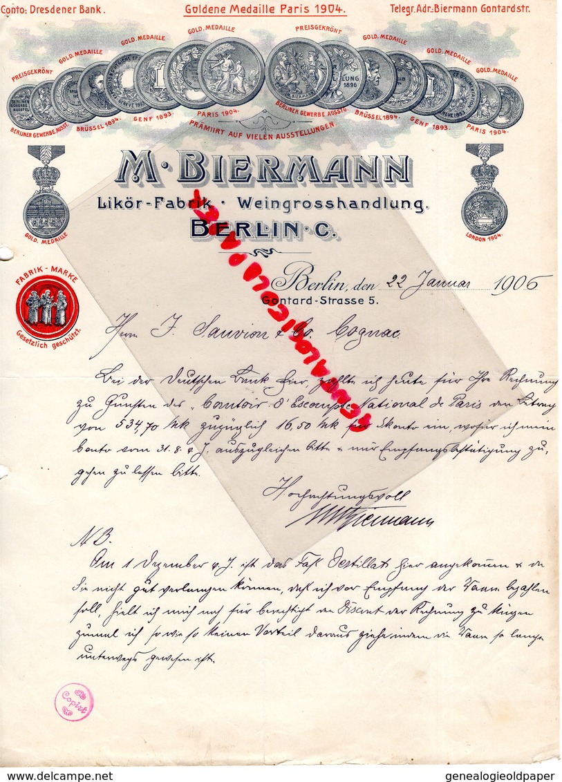 ALLEMAGNE - BERLIN- RARE LETTRE MANUSCRITE SIGNEE M. BIERMANN-LIKOR FABRIK-WEINGROSSHANDLUNG-5 GONTARD STRASSE 1906 - Ambachten