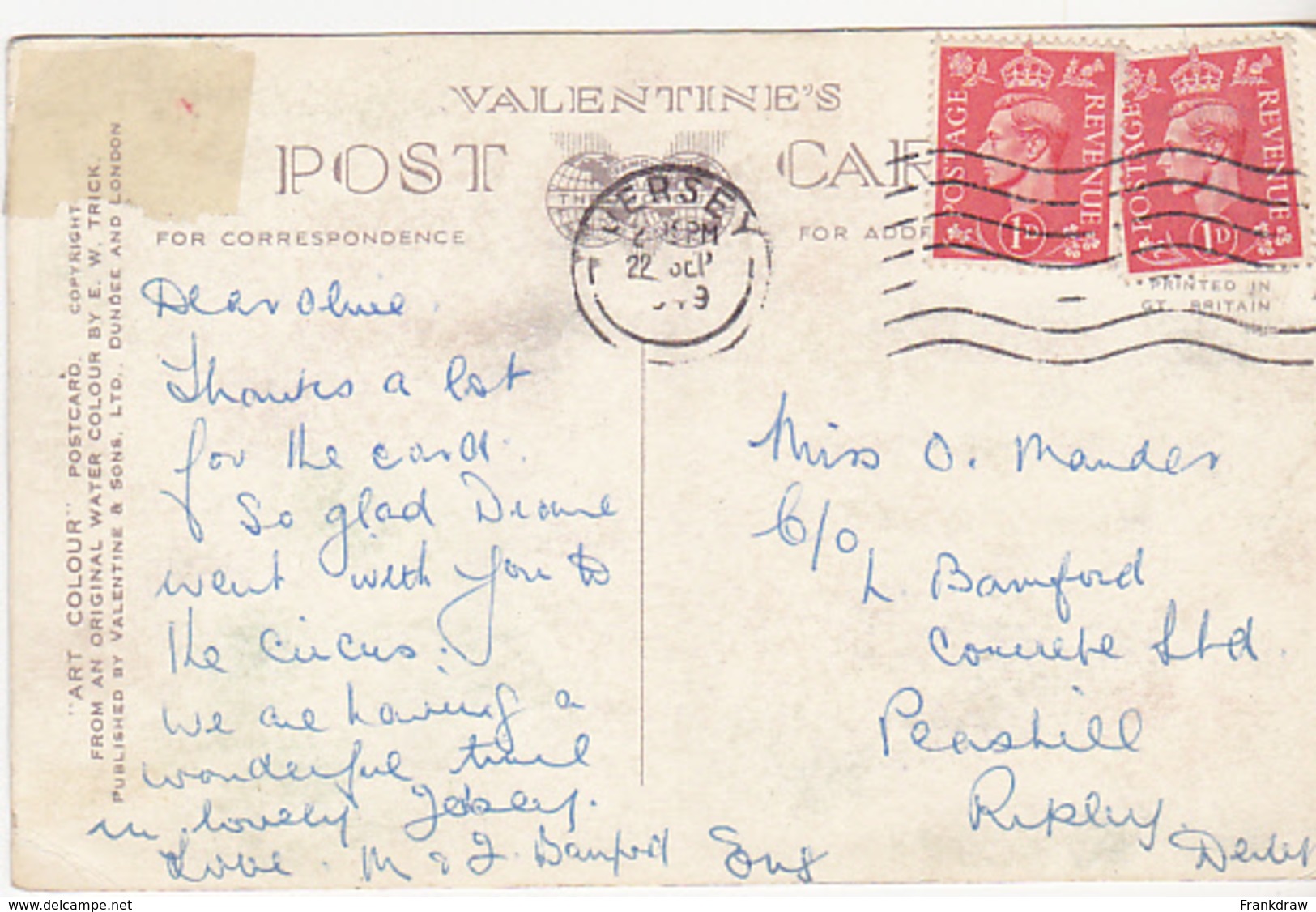 Postcard - Bonne Nuit Bay, Jersey - Posted 22-09-1949 - VG - Unclassified