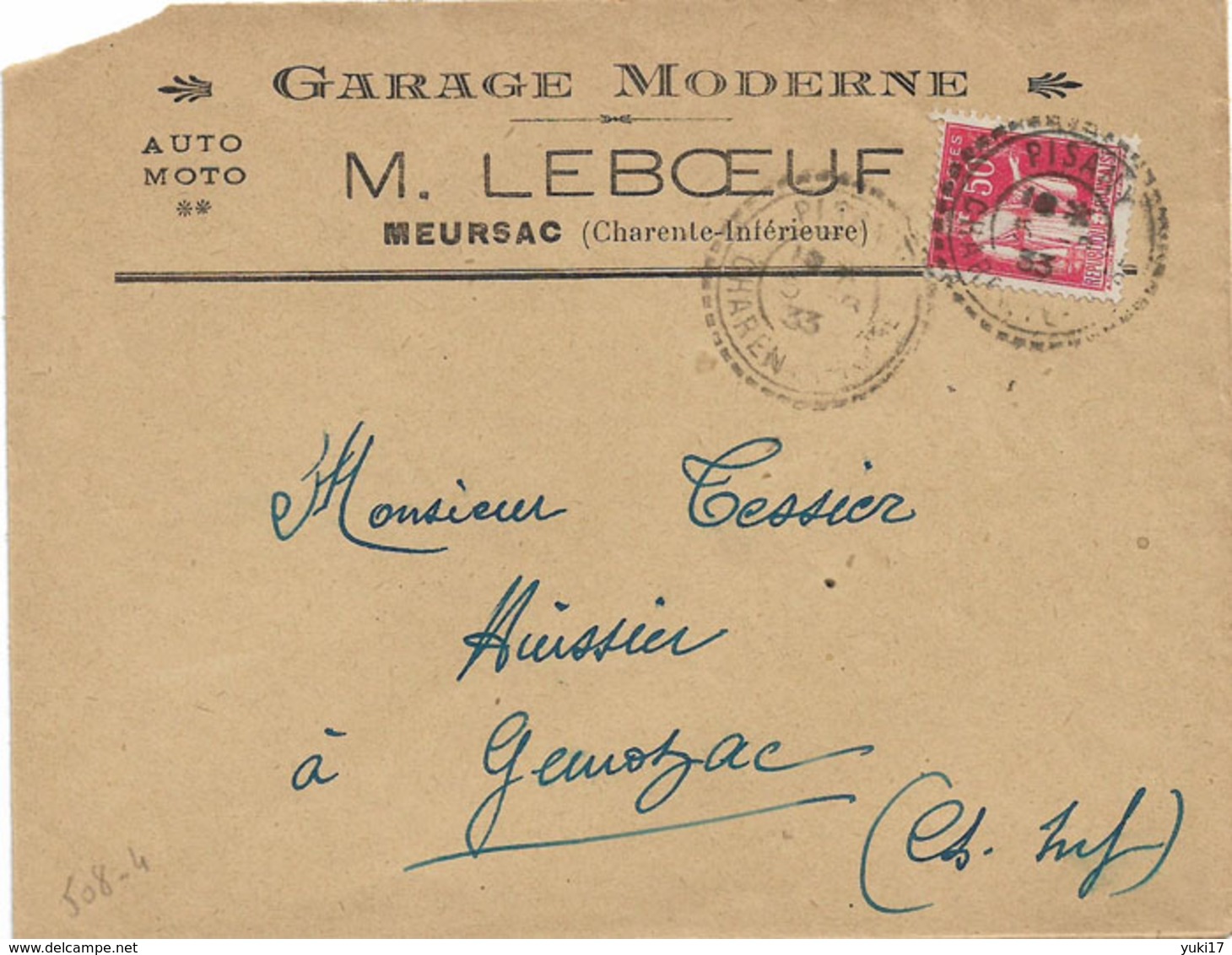 CHARENTE MARITIME PISANY 1933 DISTRIBUTION B3 GARAGE LEBOEUF MEURSAC - 1921-1960: Période Moderne