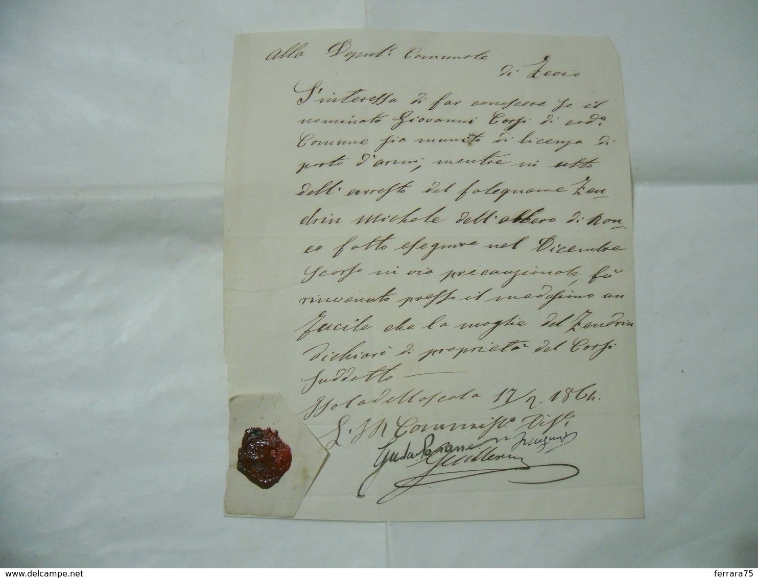 SIGILLO CON CERALACCA DOCUMENTO MANOSCRITTO LICENZA ZEVIO VERONA 1864 - Manoscritti