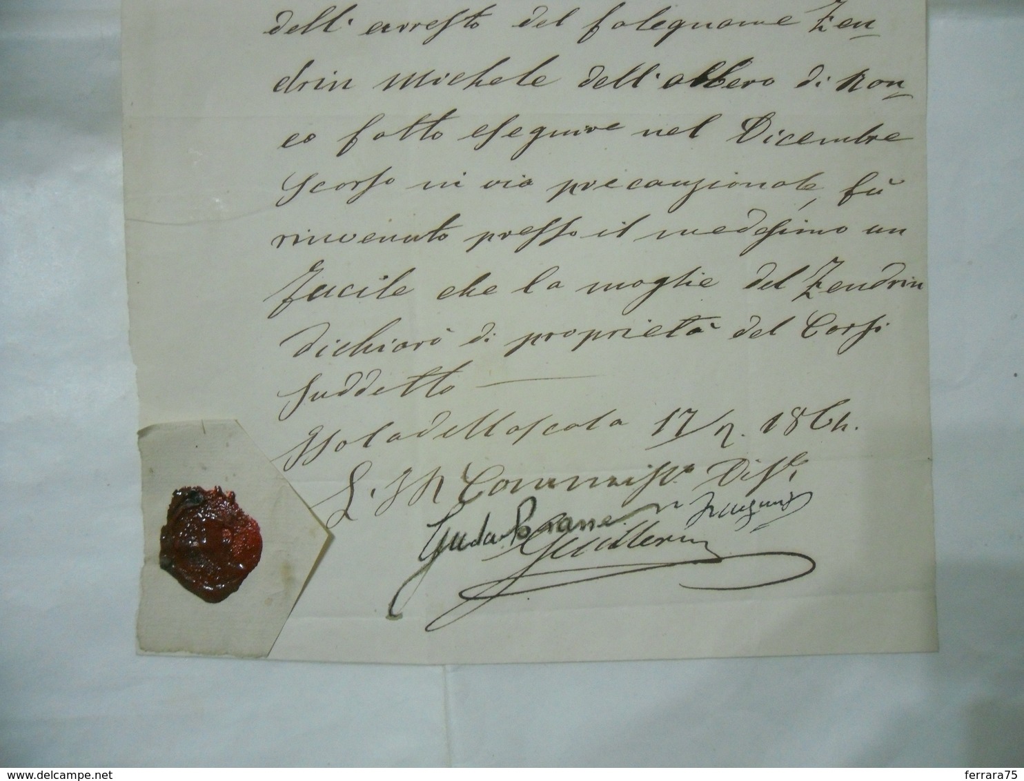 SIGILLO CON CERALACCA DOCUMENTO MANOSCRITTO LICENZA ZEVIO VERONA 1864 - Manuscrits