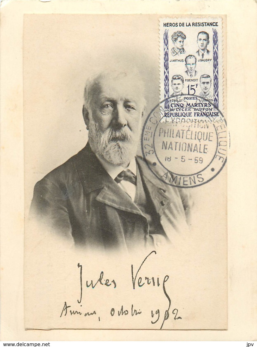 CACHET AMIENS-JULES VERNE-EXPOSITION PHILATHELIQUE NLE- 32ème Congrès-TIMBRE HEROS DE LA RESISTANCE -18/05/1959 - Altri & Non Classificati