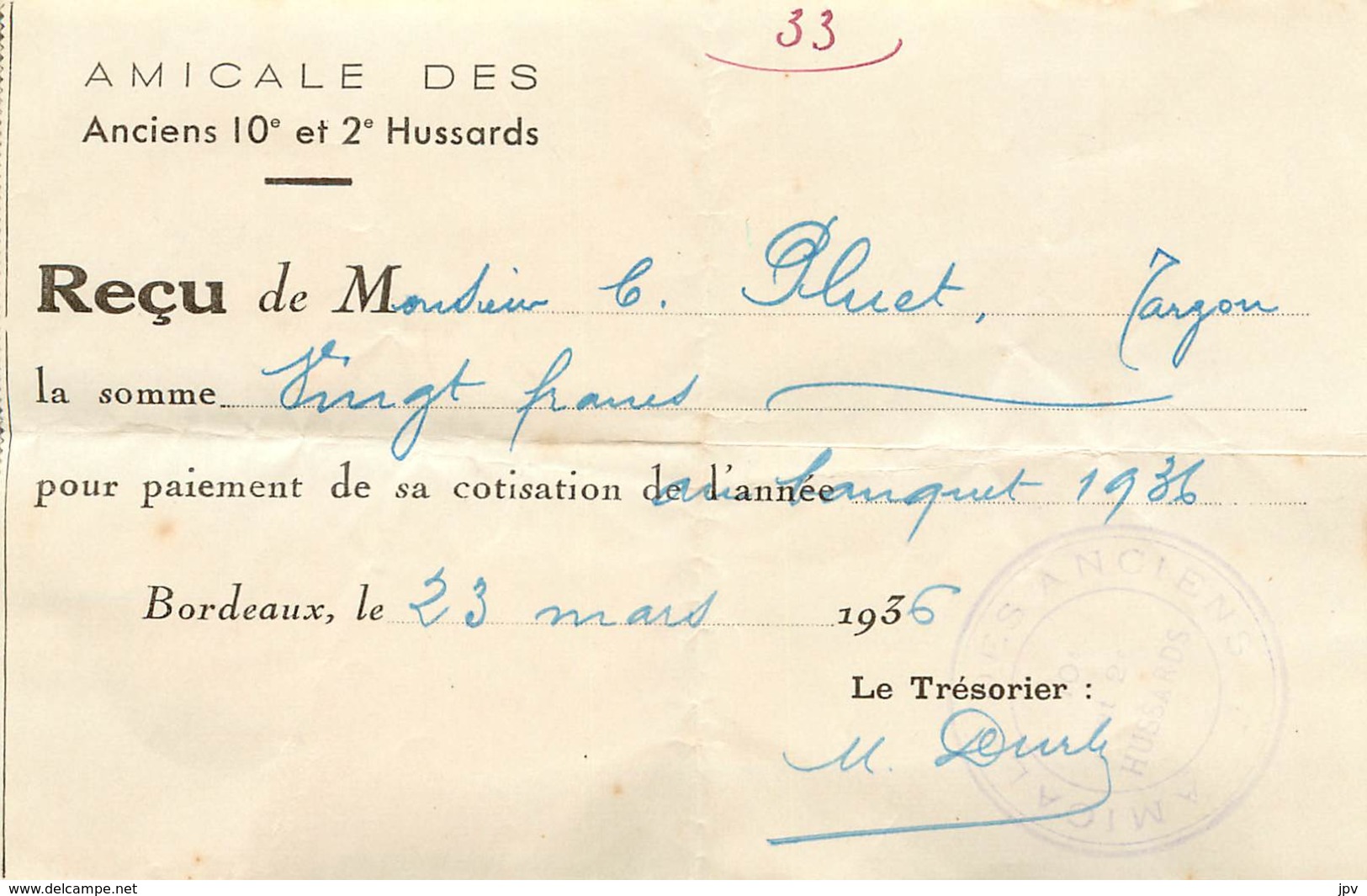 RECU DE L'AMICALE DES ANCIENS 10e ET 2e HUSSARDS - Documents