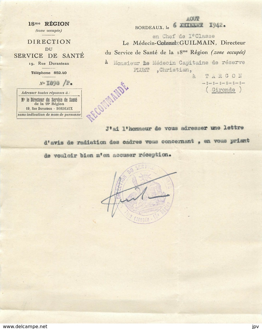 RADIATION DU SERVICE DE SANTE DE BORDEAUX - 1942 Avec Cachet - 1939-45