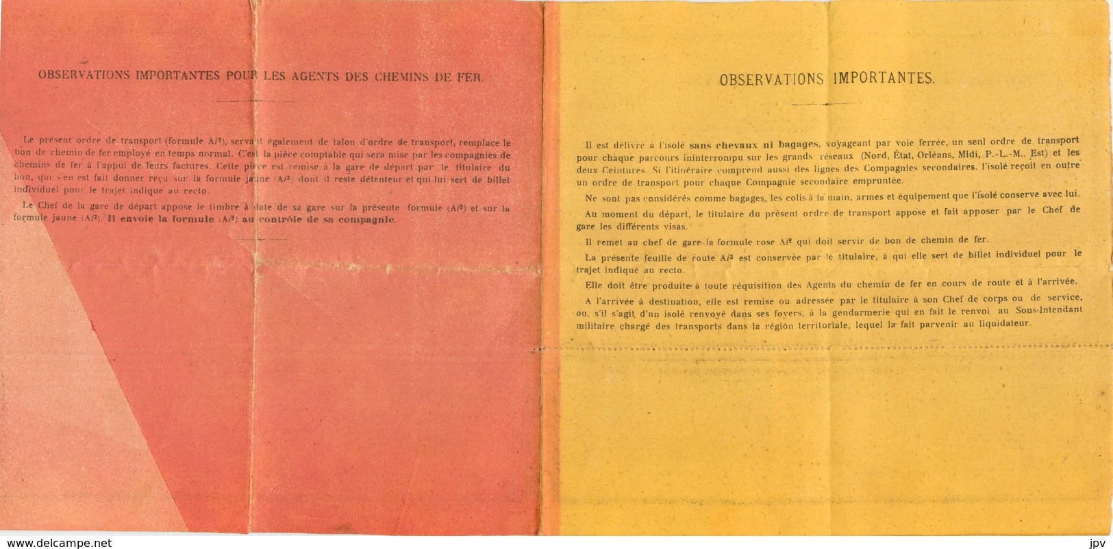 ORDRE DE TRANSPORT CHEMIN DE FER - 1916 - 2 Volets - 1914-18