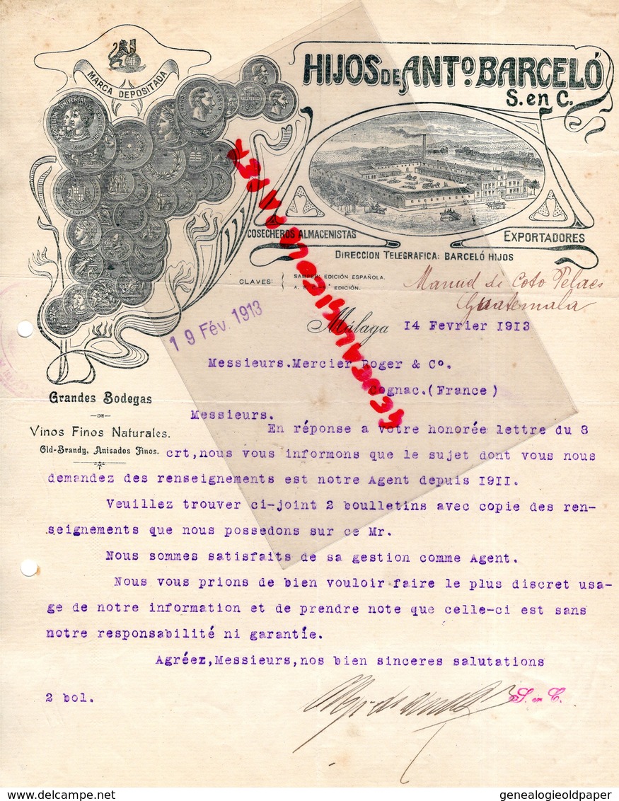 ESPAGNE- MALAGA- RARE LETTRE HIJOS DE ANTo BARCELO - GRANDES BODEGAS-OLD BRANBDY-ANISADOS-VINOS-1913 - Espagne