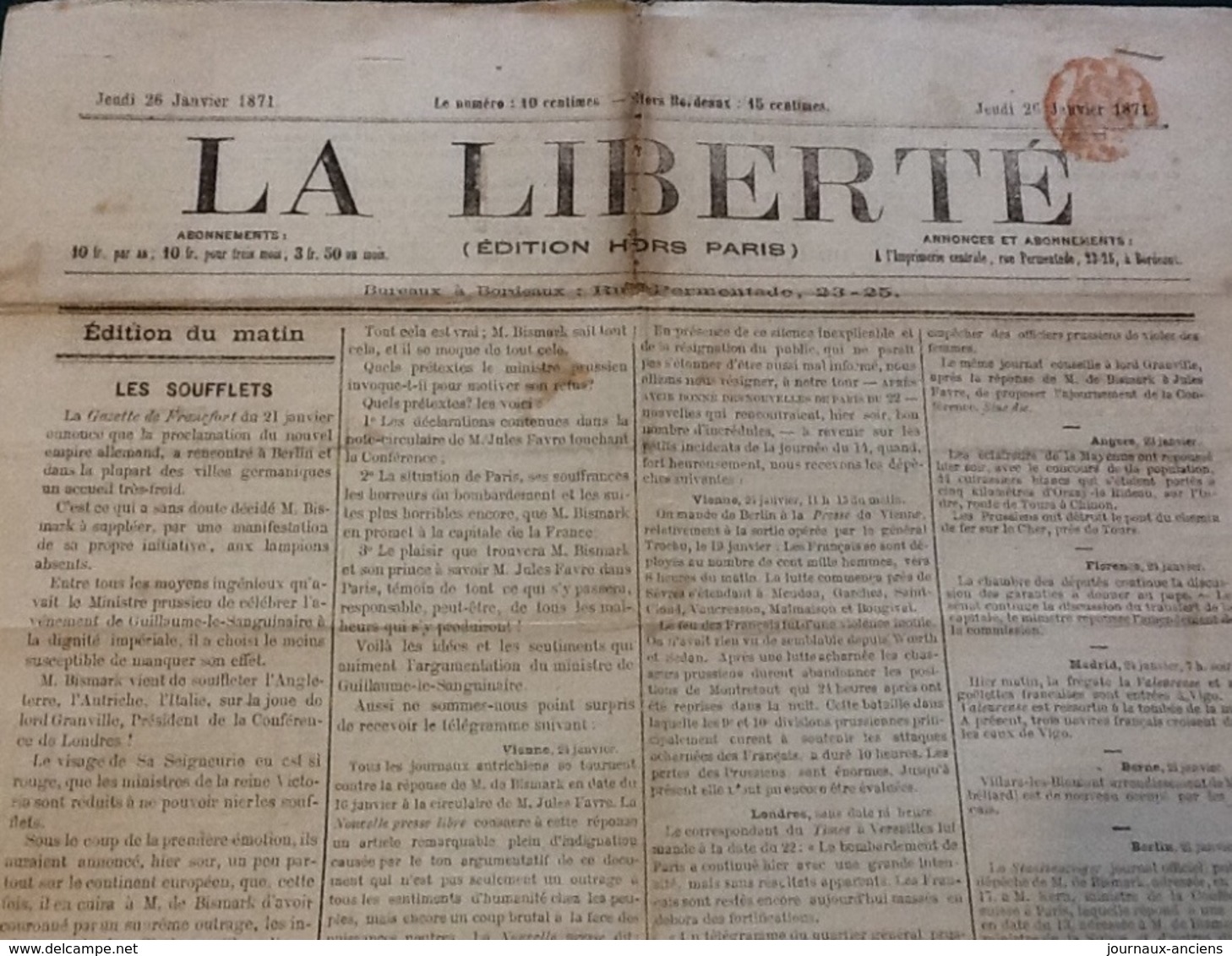 1871 Journal LA LIBERTÉ Du 26 Janvier - GUERRE DE 1870 - LES SOUFLETS - L'ARMÉE DE PARIS - BATAILLE DE DIJON - LONDRES - 1850 - 1899