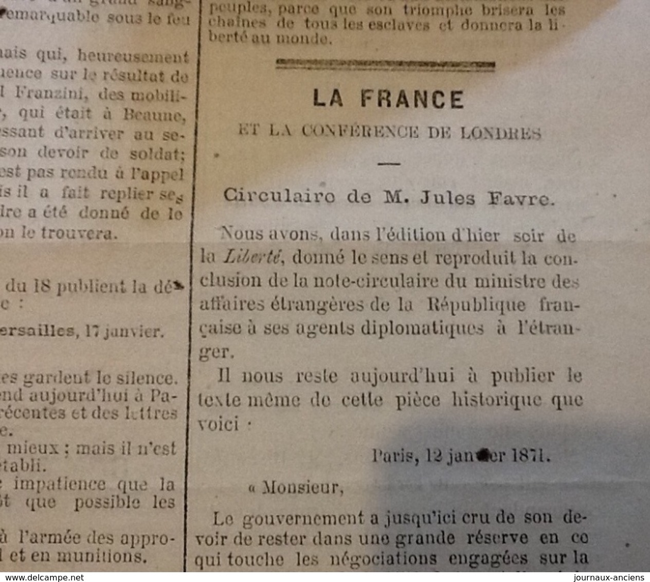 1871 Journal LA LIBERTÉ du 26 Janvier - GUERRE DE 1870 - LES SOUFLETS - L'ARMÉE DE PARIS - BATAILLE DE DIJON - LONDRES