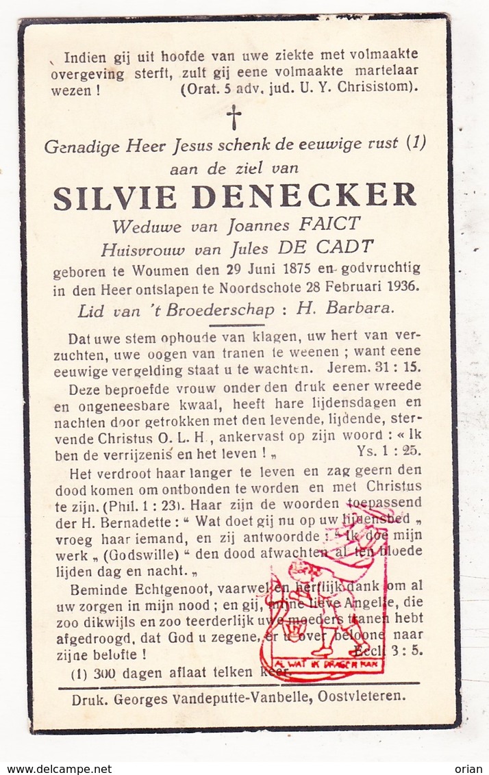 DP Silvie Denecker ° Woumen Diksmuide 1875 † Noordschote Lo Reninge 1936 X J. Faict Xx J. De Cadt - Images Religieuses