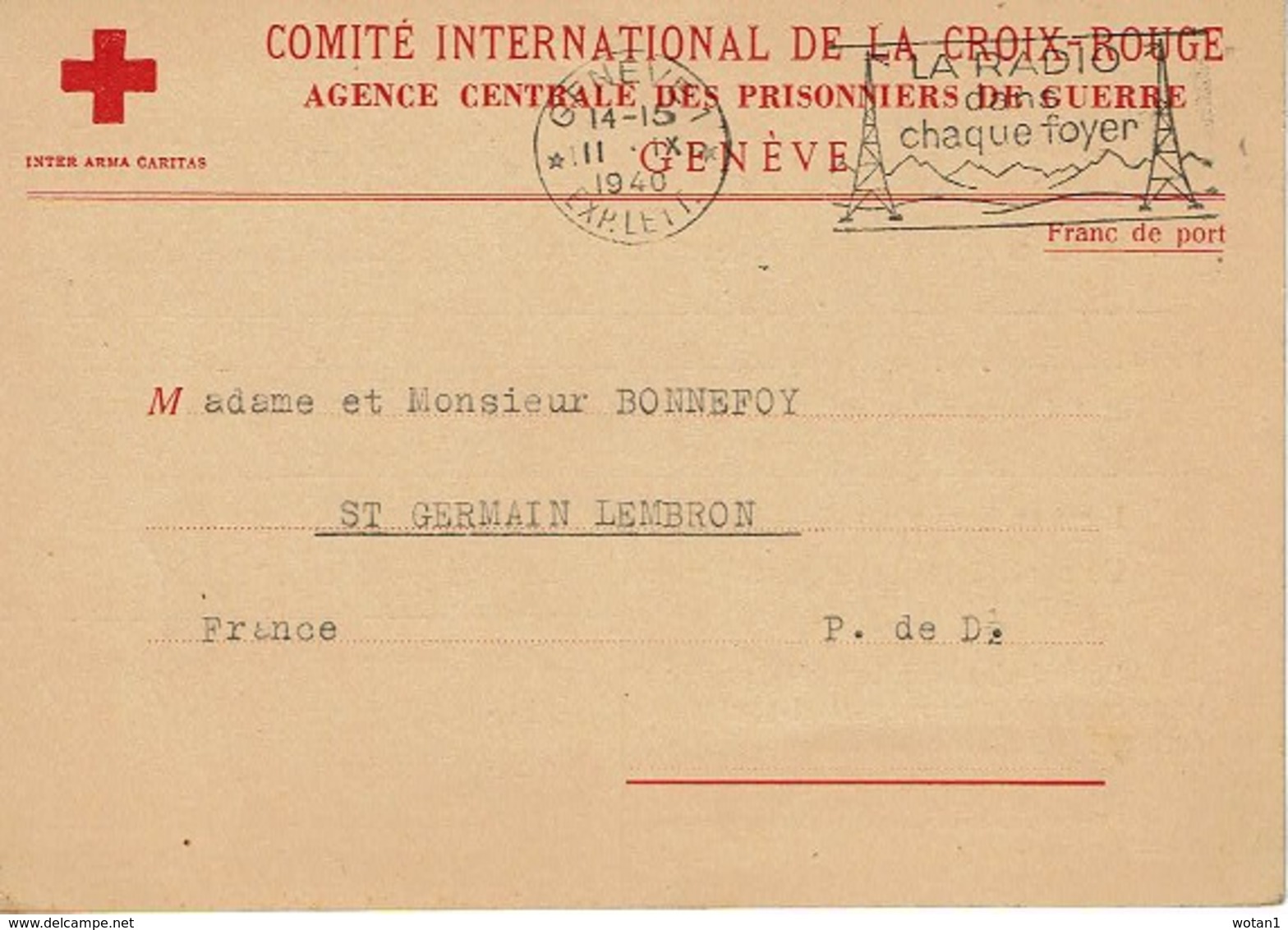 Carte "Croix-Rouge" De GENEVE Le 11-IX-1940) Vers ST-GERMAIN-LEMBRON (Concerne Jean BONNEFOY - Stalag XVII C) - Lettres & Documents