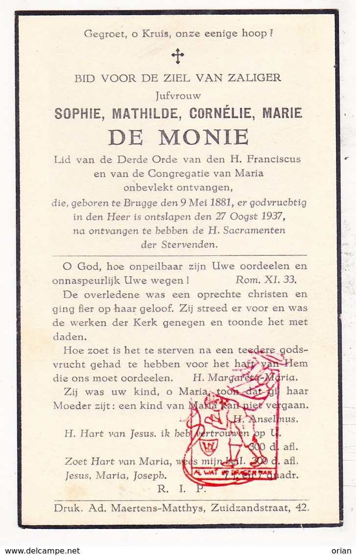 DP Sophie Math. De Monie Demonie ° Brugge 1881 † 1937 - Images Religieuses