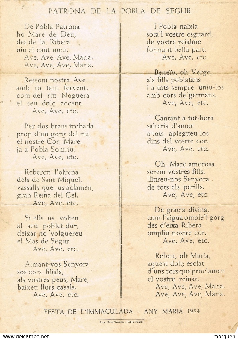 30768. Folleto AVE De La VIRGEN De La RIBERA (Pobla De Segur) Lerida. Patrona Año 1954 - Documentos Históricos