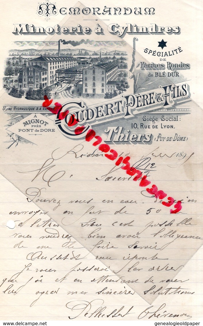 63- THIERS- RARE LETTRE MINOTERIE A CYLINDRES -COUDERT PERE FILS-A MIGNOT PRES PONT DE DORE-FARINES RONDES -10 RUE LYON- - Straßenhandel Und Kleingewerbe