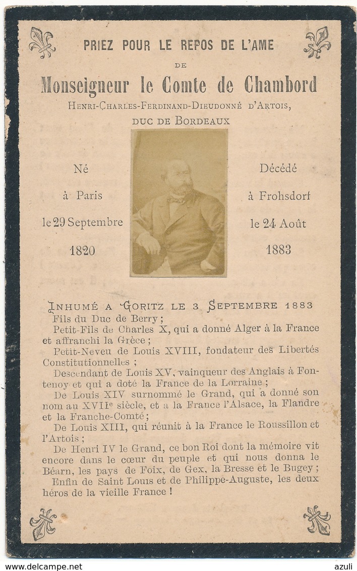 Image Pieuse Mortuaire, 1883 - Monseigneur Le COMTE De CHAMBORD - Scan Recto Verso - Images Religieuses