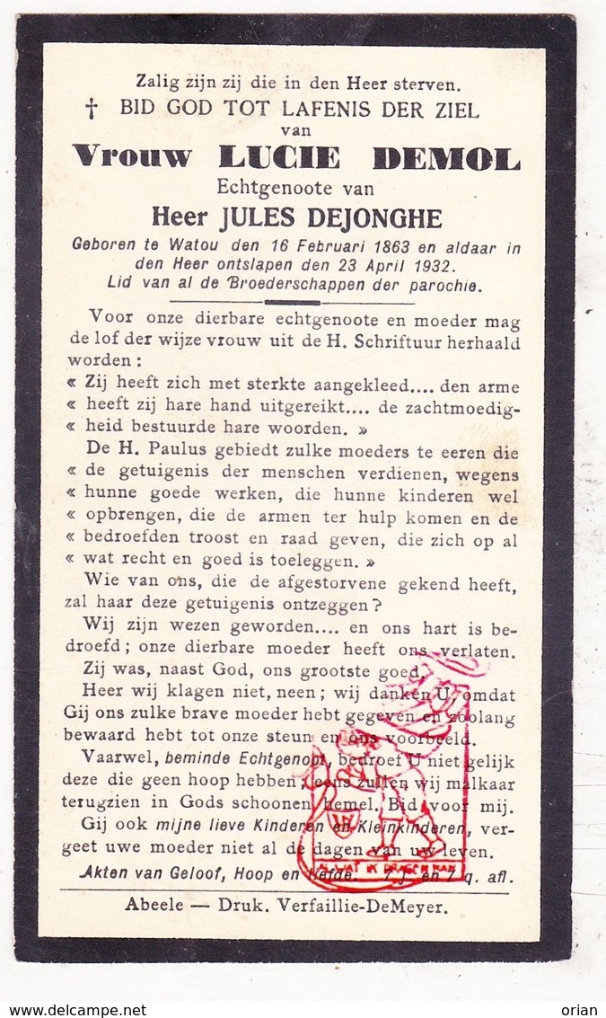 DP Lucie Demol ° Watou Poperinge 1863 † 1932 X J. DeJonghe - Images Religieuses