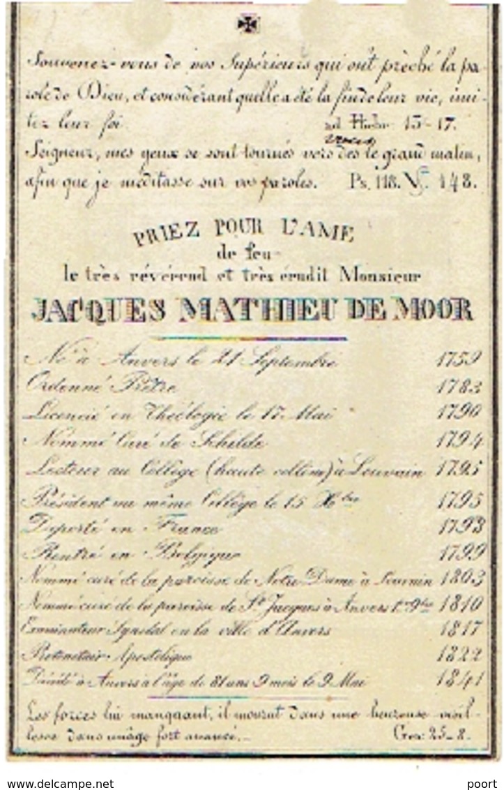 Doodsprentje E.H. DE MOOR Jacques - GEDEPORTEERD Naar Frankrijk - Pastoor SCHILDE En Overleden ANTWERPEN 1841 - Images Religieuses