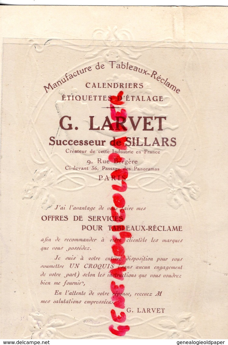 75- PARIS- RARE CARTE PUBLICITAIRE G. LARVET -SILLARS-IMPRIMERIE MANUFACTURE TABLEAUX RECLAME-9 RUE BERGERE-PEINTRE - Printing & Stationeries