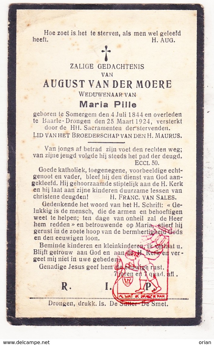 DP August Van Der Moere ° Zomergem 1844 † Baarle Drongen Gent 1924 X Maria Pille - Images Religieuses