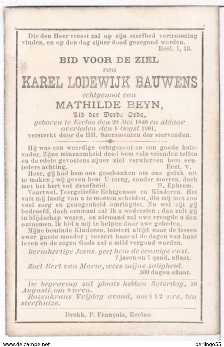 Dp. Bauwens Karel. Echtg. Beyn Mathilde. ° Eecloo 1840 † Eecloo 1901  (2 Scan's) - Godsdienst & Esoterisme