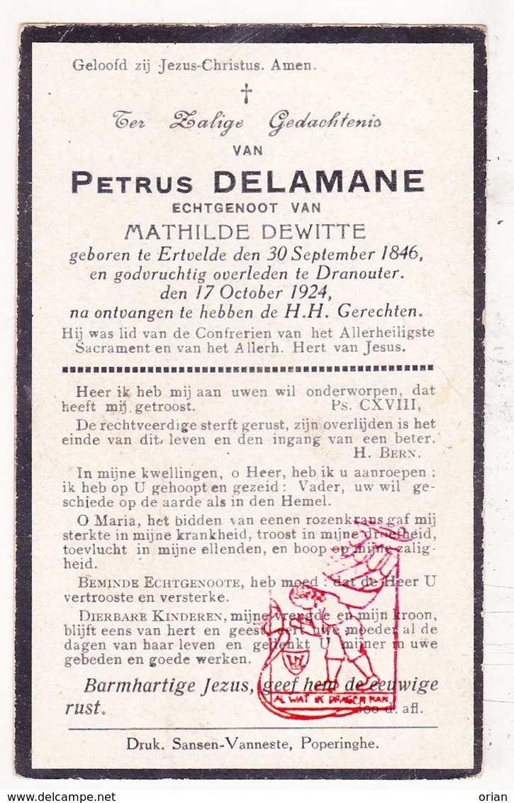 DP Petrus Delamane ° Ertvelde 1846 † Dranouter 1924 X Math. Dewitte - Images Religieuses