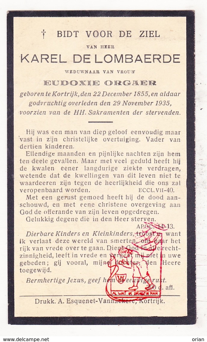 DP Karel De Lombaerde ° Kortrijk 1855 † 1935 X Eudoxie Orgaer - Images Religieuses