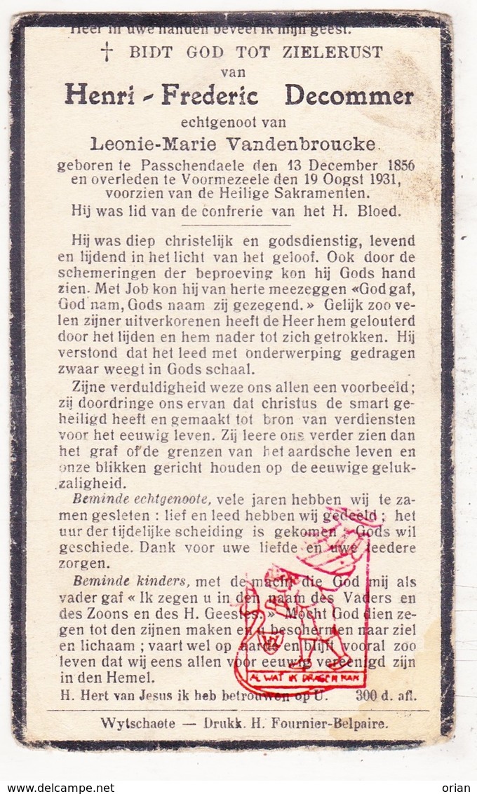 DP Henri F. DeCommer ° Passendale Zonnebeke 1856 † Voormezele Ieper 1931 X Leonie M. VandenBroucke - Imágenes Religiosas