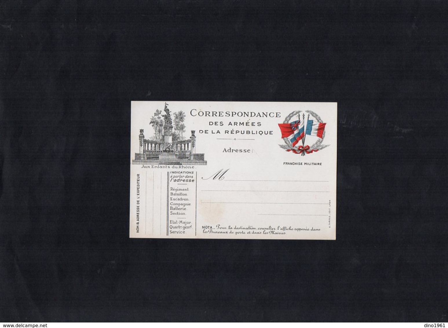 TB 2430 - MILITARIA - Carte En Franchise Militaire ¨ Au Enfants Du Rhône ¨ - Editeur FARGES à LYON - Lettres & Documents