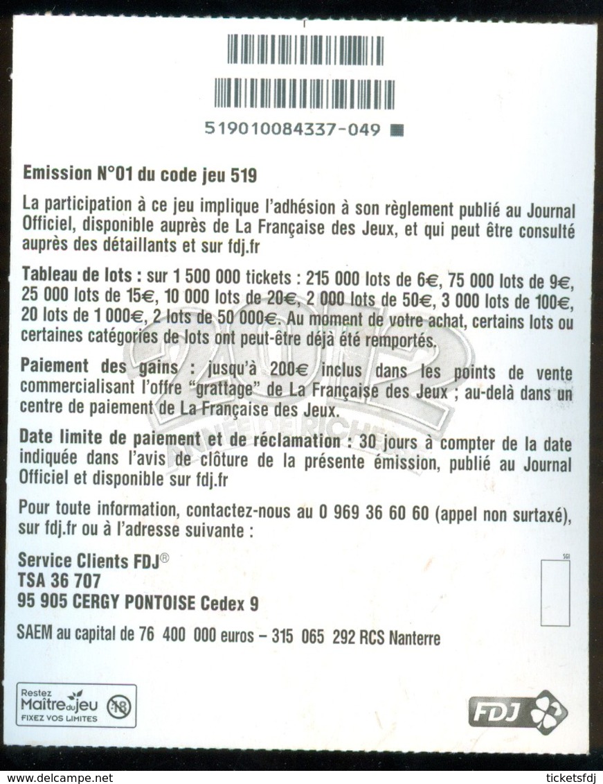 FDJ - FRANCAISE DES JEUX - 2010 ANNEE DE RICHESSE 51901 Repère De Bande 049 - Billets De Loterie