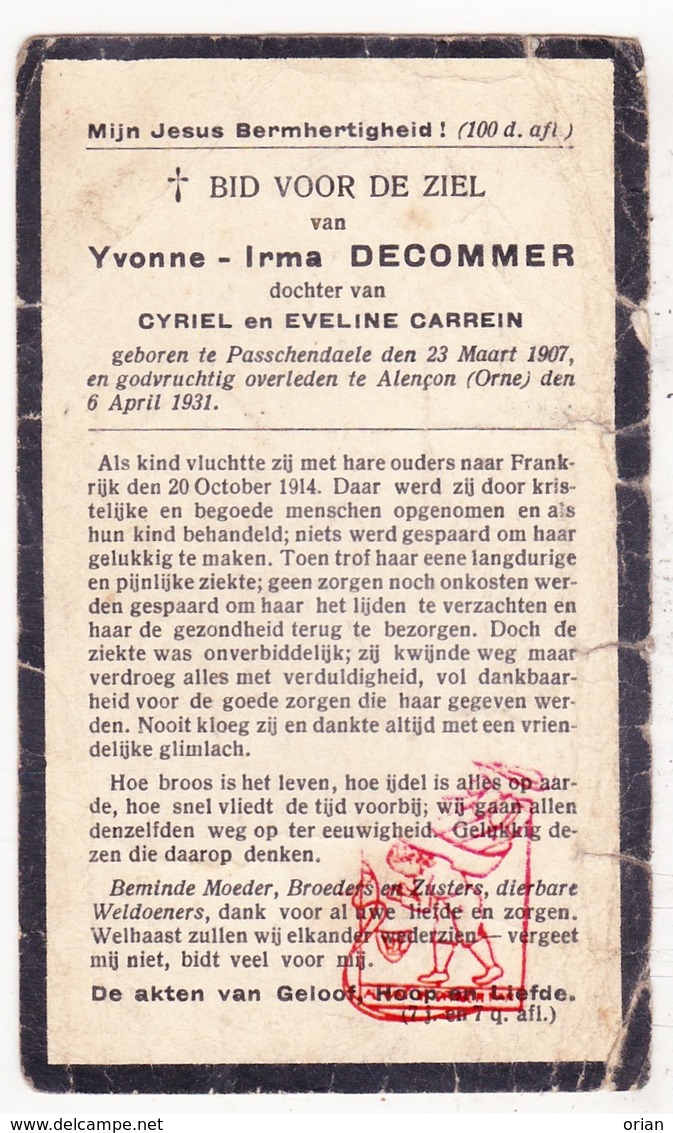 DP Oorlogsvluchtelinge WOI 14-18 Yvonne Decommer / Carrein 24j. ° Passendale Zonnebeke BE † Alençon FR Normandie 1931 - Images Religieuses