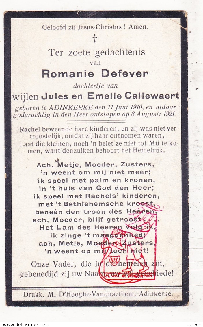 DP Kind - Romanie DeFever / Callewaert 11j. ° Adinkerke De Panne 1910 † 1921 - Images Religieuses