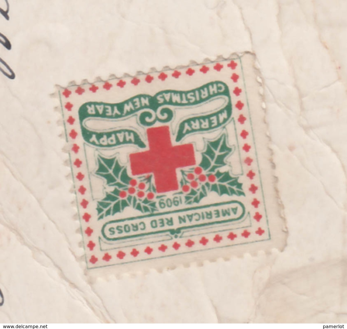 CP Avec Vignette 1909, American Red Cross Merry Christmas Happy New Year, Sur Carte Postale - Vignettes De Fantaisie