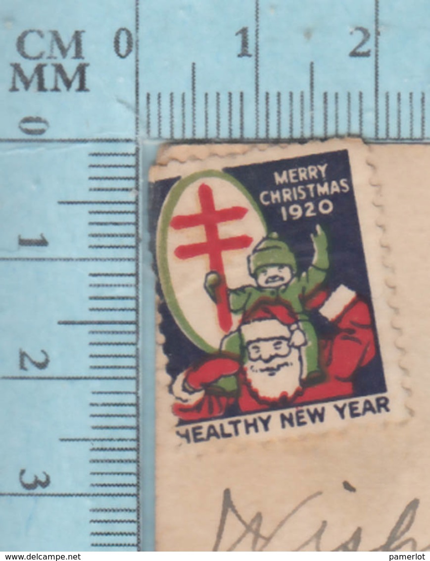 CP Avec Vignette 1920, Croix De Loraine Avec Enfant Et Pere Noel, Sur Carte Postale De Noel - Vignettes De Fantaisie