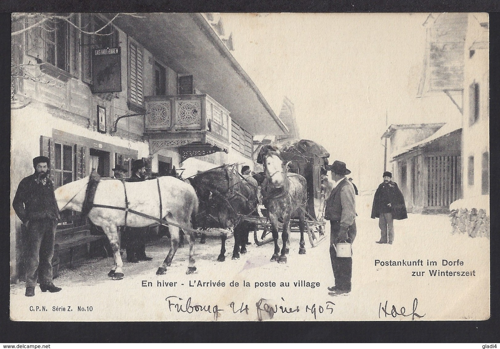 Postankunft Im Dorfe - Postkutsche Mit Kufen Im Winter - 1905 - Rar - Autres & Non Classés