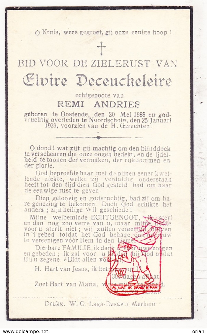 DP Elvire DeCeuckeleire ° Oostende 1888 † Noordschote Lo Reninge 1939 X Remi Andries - Images Religieuses