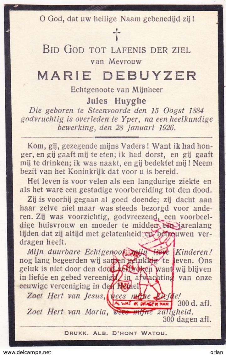 DP Marie DeBuyzer ° Steenvoorde FR Nord 1884 † Ieper BE 1926 X J. Huyghe - Images Religieuses