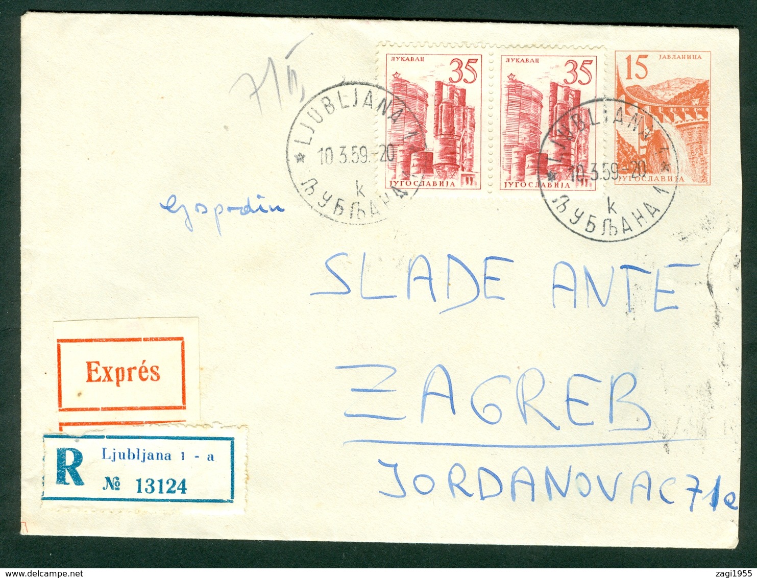 Yugoslavia 1959 Bahnpost Railway Post Maribor-Zagreb A 29 Recommended Letter From Ljubljana To Zagreb - Covers & Documents