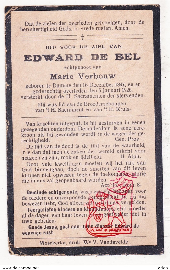 DP Edward De Bel ° Damme 1847 † 1926 X Marie Verbouw - Images Religieuses