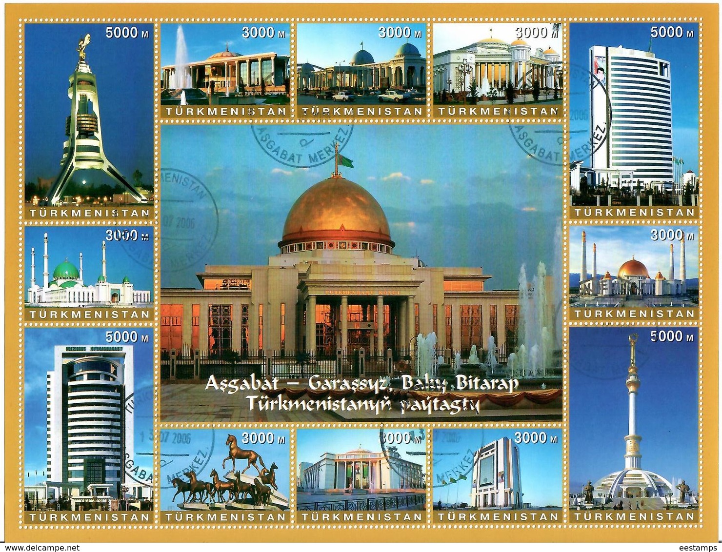 Turkmenistan. 2006 Ashkhabad Architecture. M/S Of 12v: 8x3000,4x5000 Michel # 197-08 Bg. - Turkménistan