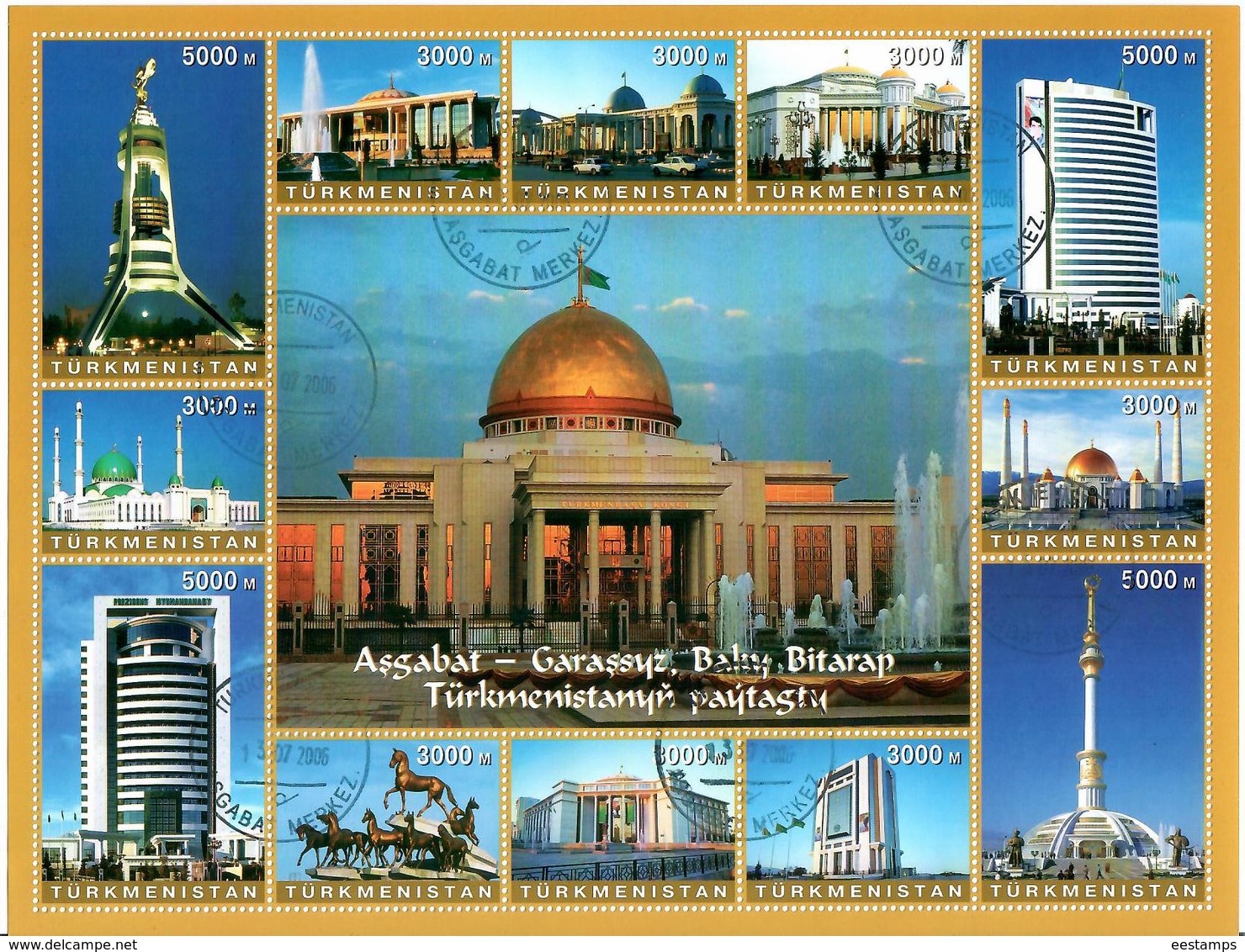 Turkmenistan. 2006 Ashkhabad Architecture. M/S Of 12v: 8x3000,4x5000 Michel # 197-08 Bg. - Turkmenistán