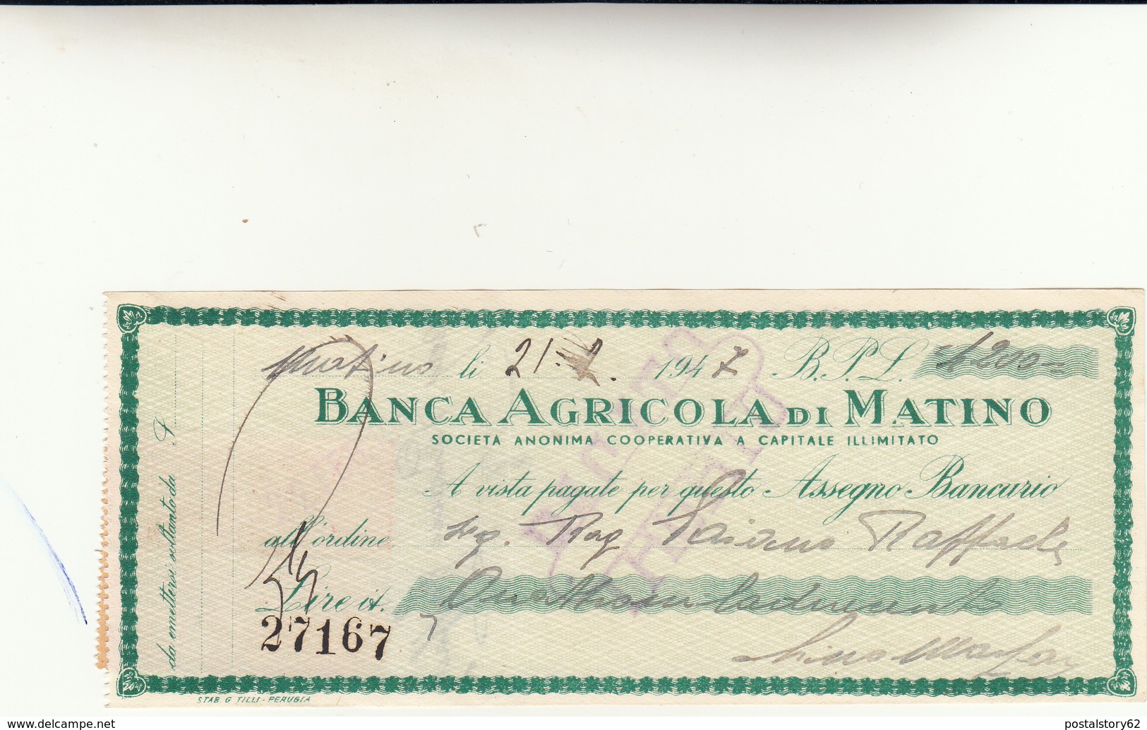 Banca Agricola Di Matino, Assegno Circolare Di Lire 4200 Anno 1947 - Cheques En Traveller's Cheques