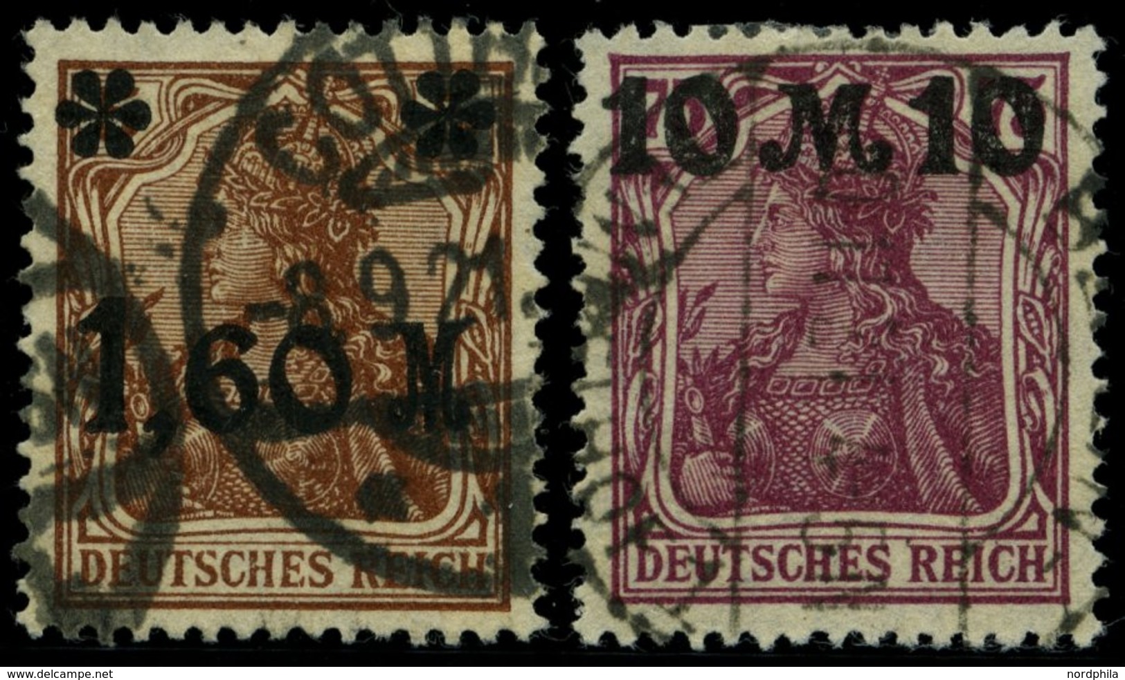 Dt. Reich 154a,157II O, 1921, 1.60 M. Auf 5 Pf. Gelbbraun Und 10 M. Auf 75 Pf. Schwärzlichrosalila, Beide In Type II, 2 - Gebraucht