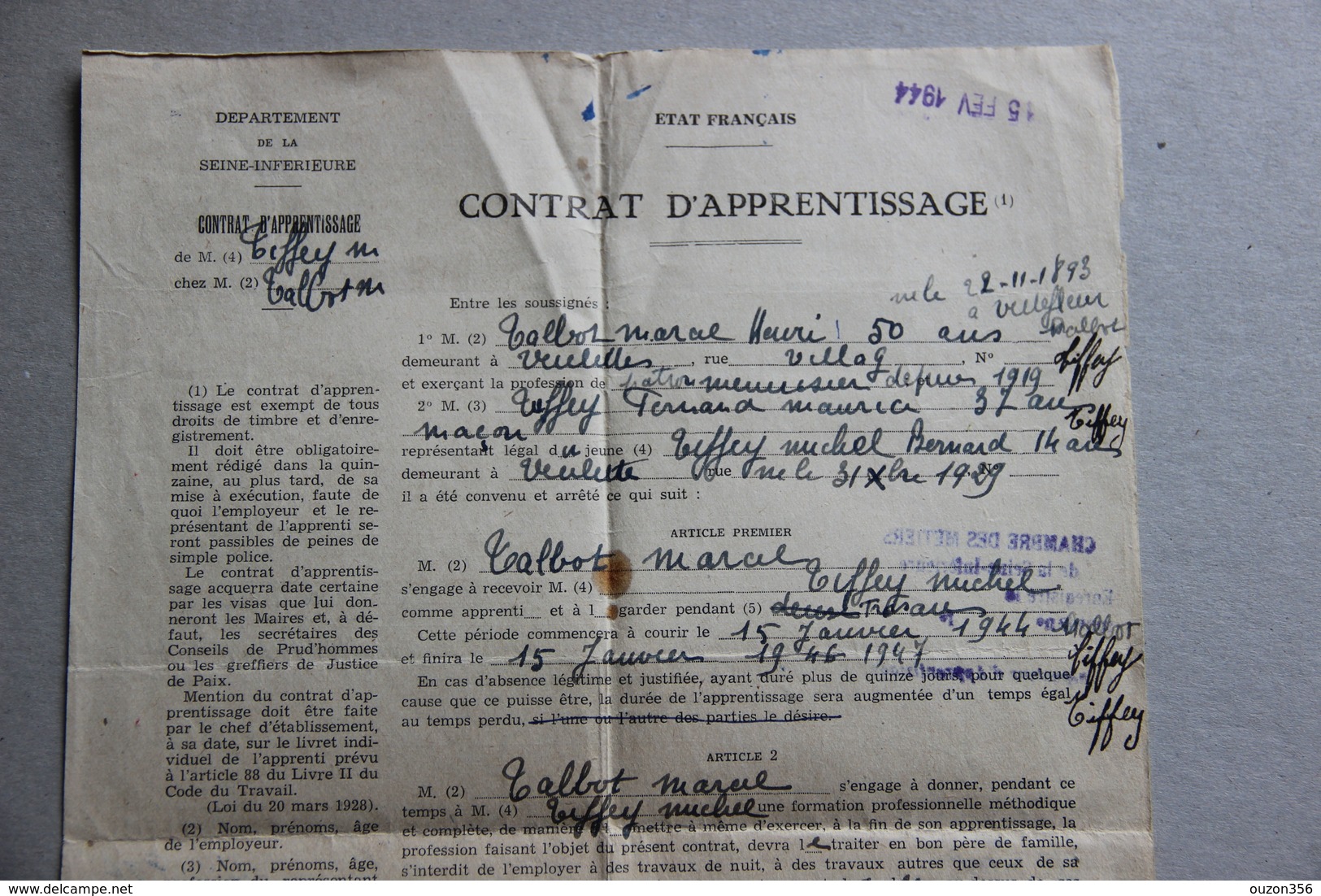 Contrat D'apprentissage (menuisier) à Veulettes (Veulettes Sur Mer, Seine-Maritime), 1944 - Collections