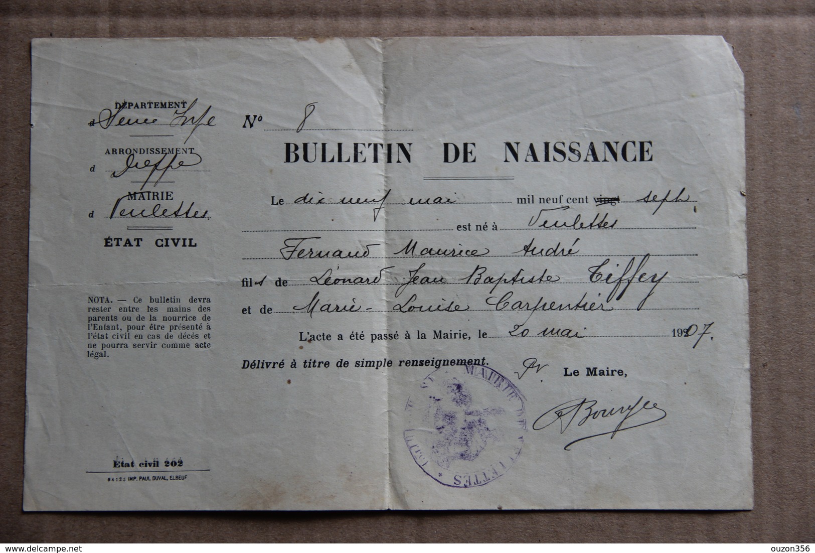 Bulletin De Naissance, Veulettes (Veulettes Sur Mer, Seine-Maritime), Vers 1920 - Collections