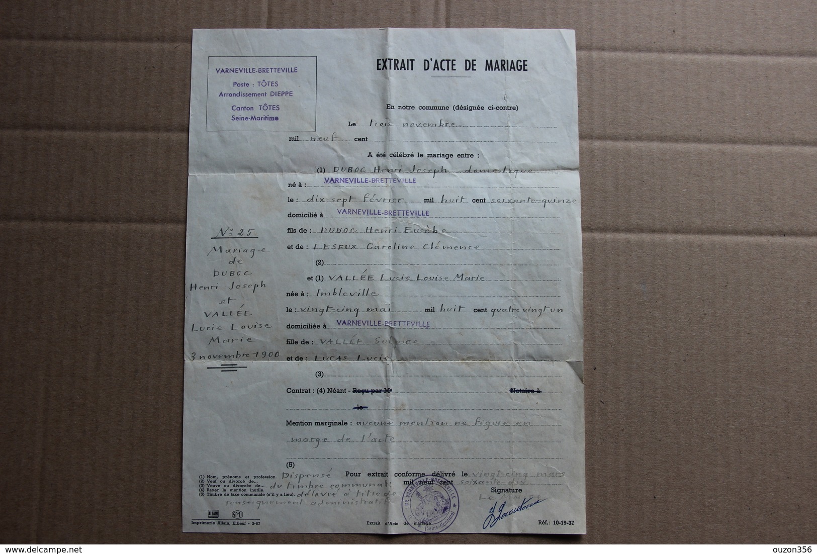 Extrait Acte De Mariage Varneville-Bretteville (Seine-Maritime), 1970 - Colecciones